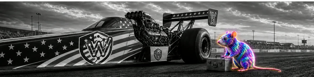 A psychedelic rat beside a monochrome MVC Lab dragster